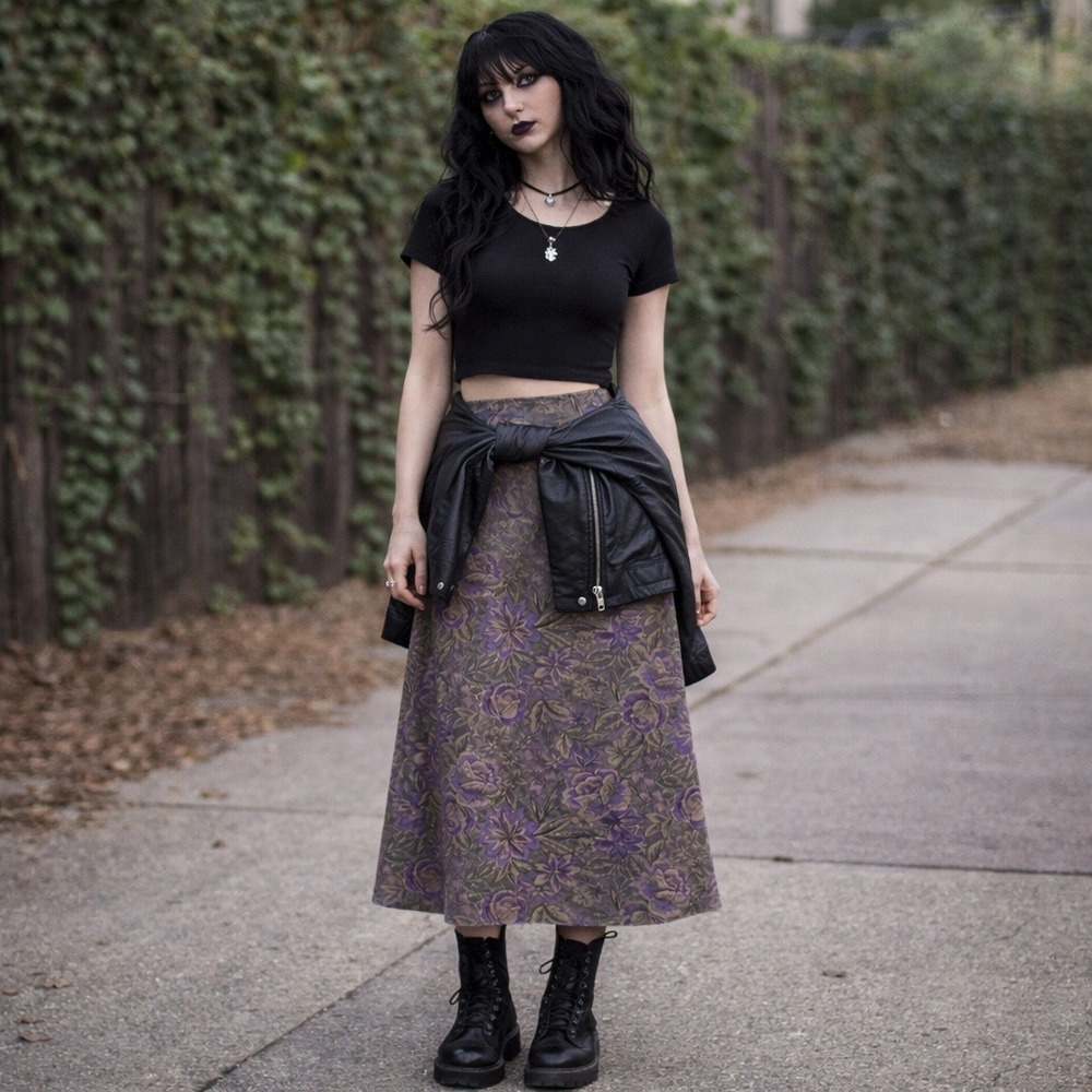 Vintage Purple Floral Midi Skirt 90s Revival Grunge Whimsigoth Academia Size M‎